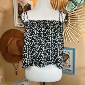 ELAN Navy Blue Spring Floral Cropped Tank Top Raw Hem Sz Small